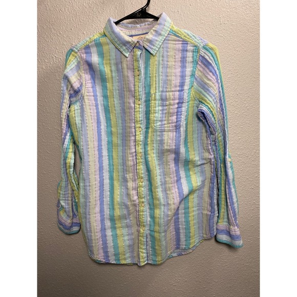 St. John's Bay Tops - St Johns Bay Womens Medium Tunic Shirt Pastel Stripe Metallic Gauze Roll Tab L/S